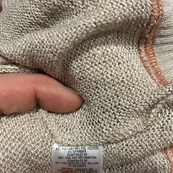 Gibson‎ Women’s Tan w Orange Stitching LS Lightweight Chiffon Accents Top Large - Picture 11 of 11